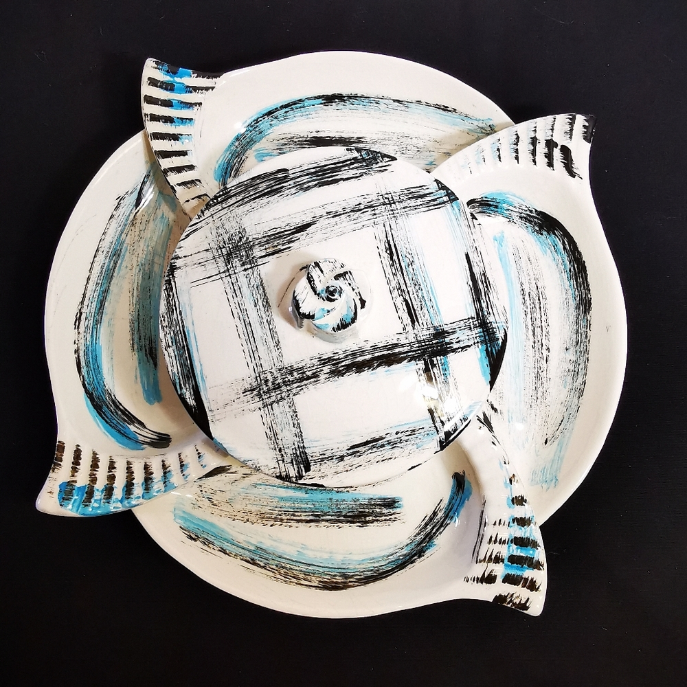 California Pottery Vintage Serving Set Blue and Black Brushstroke Plaid 6 Pieces